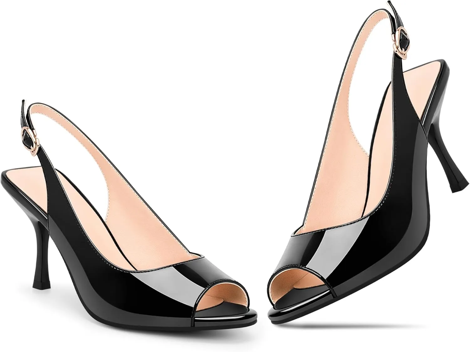 100FIXEO Women's Black Patent Leather Peep - Toe High Heel Slingback Sandals for Party & Work
