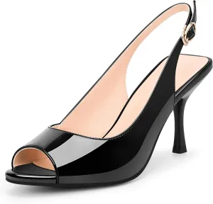 100FIXEO Women's Black Patent Leather Peep - Toe High Heel Slingback Sandals for Party & Work
