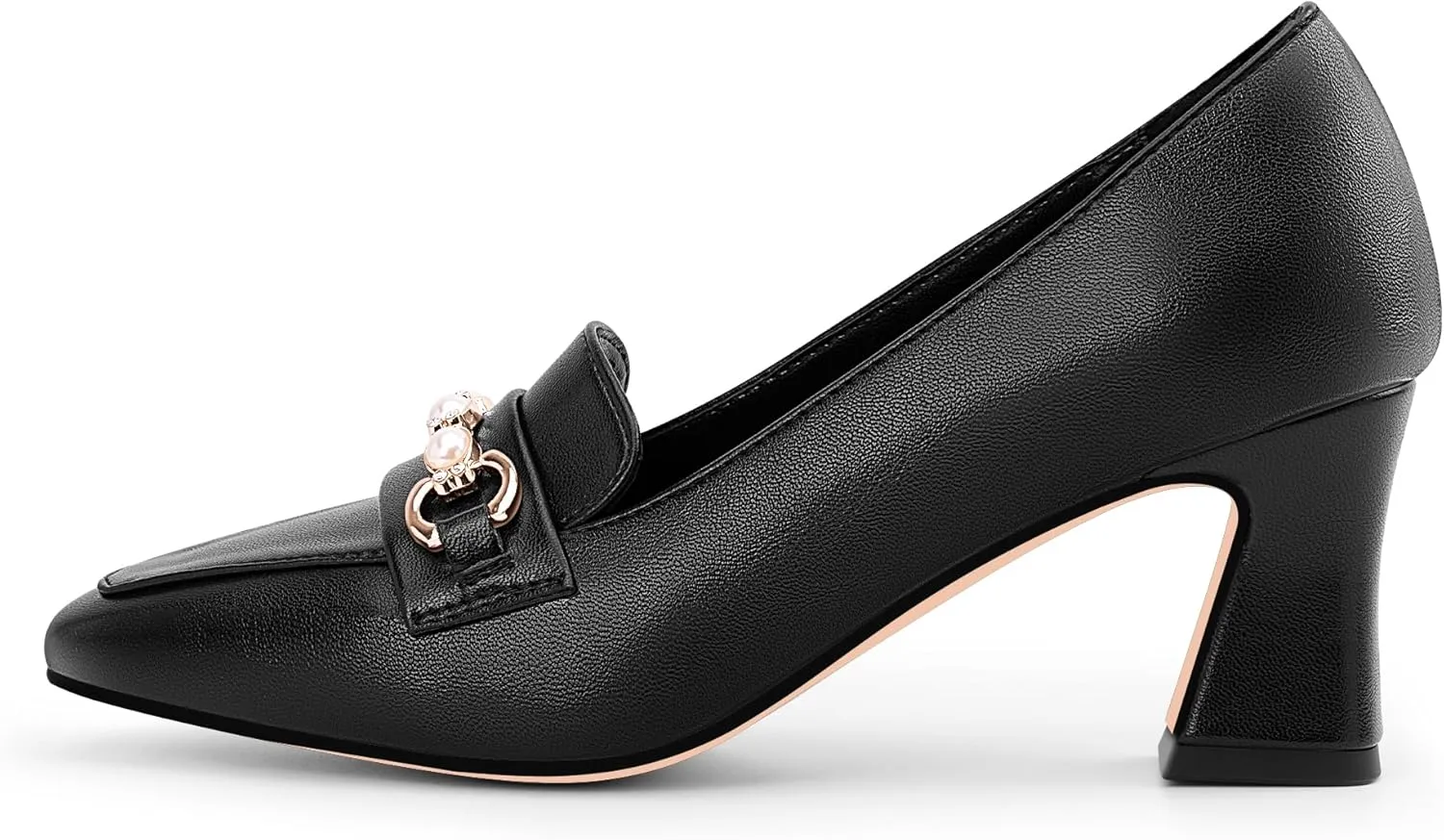 100FIXEO Women's Block Heel Loafers Square Toe Slip-on Pearl Chain Pumps Comfortable Office Shoes