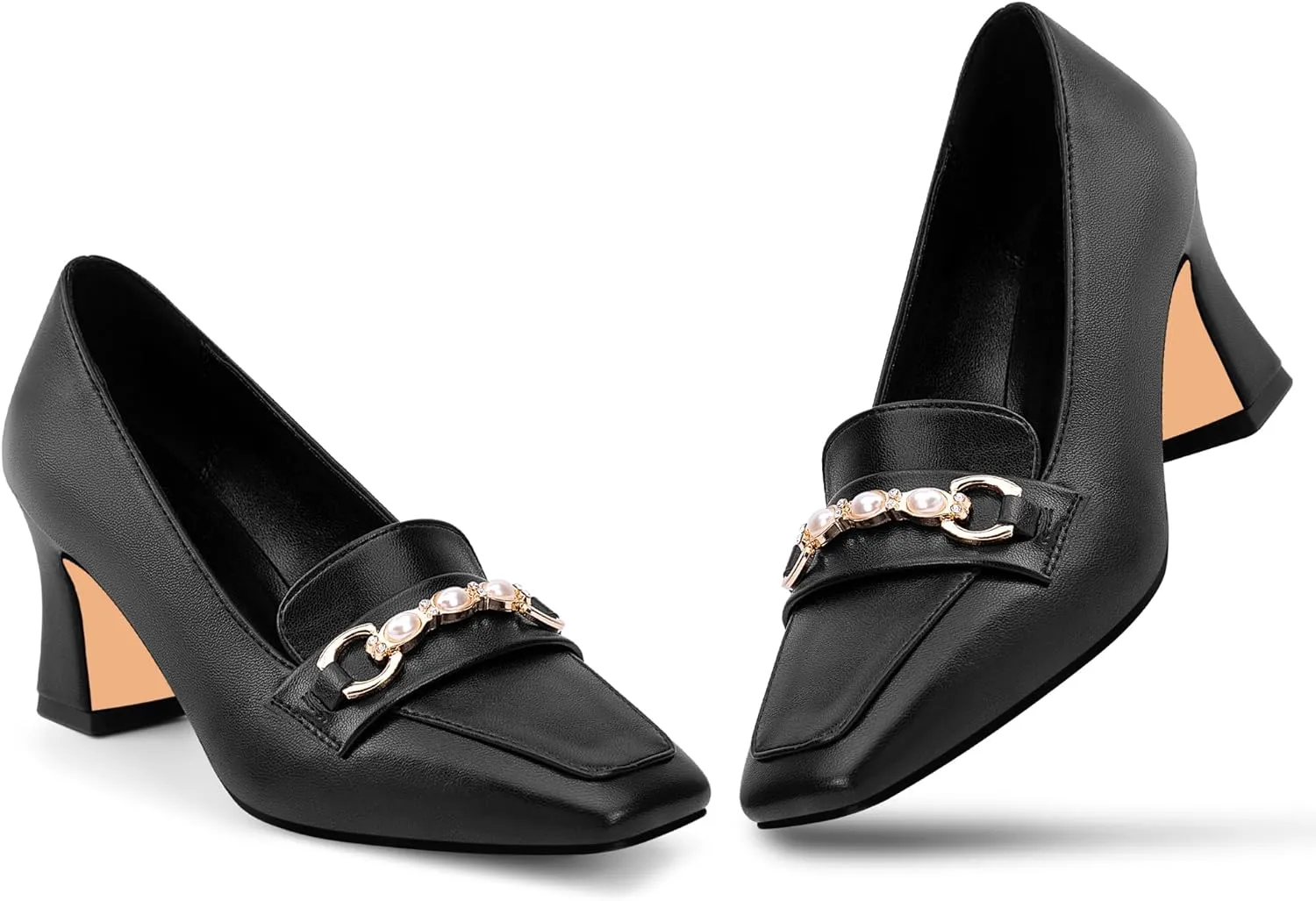 100FIXEO Women's Block Heel Loafers Square Toe Slip-on Pearl Chain Pumps Comfortable Office Shoes