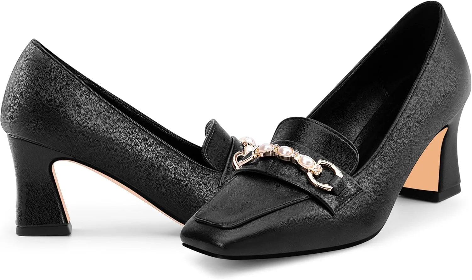 100FIXEO Women's Block Heel Loafers Square Toe Slip-on Pearl Chain Pumps Comfortable Office Shoes