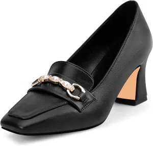100FIXEO Women's Block Heel Loafers Square Toe Slip-on Pearl Chain Pumps Comfortable Office Shoes