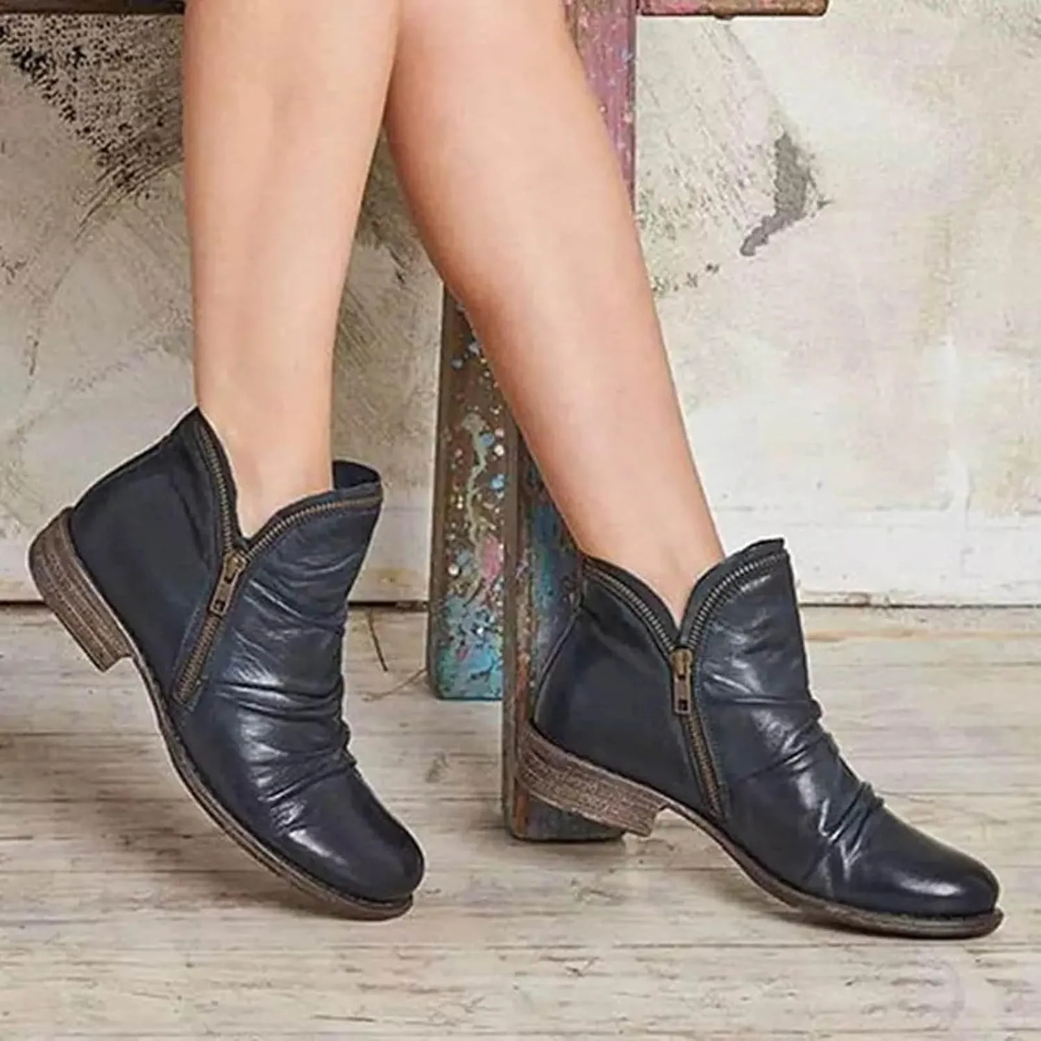 2024 Ankle Boots for Women Vintage Casual Side Zipper Booties Arch Support Low Heel Boots Womens Solid Fashion Walking Boots