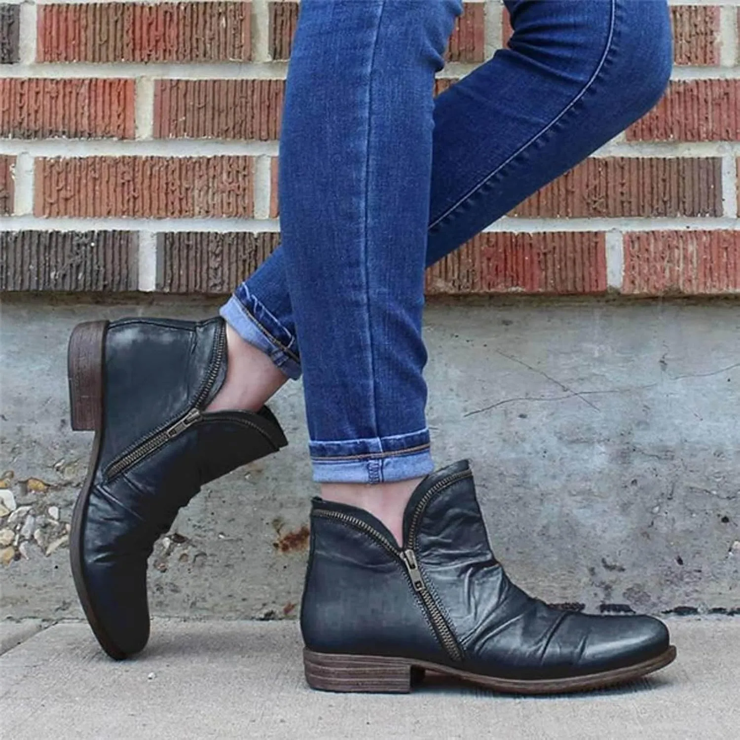 2024 Ankle Boots for Women Vintage Casual Side Zipper Booties Arch Support Low Heel Boots Womens Solid Fashion Walking Boots
