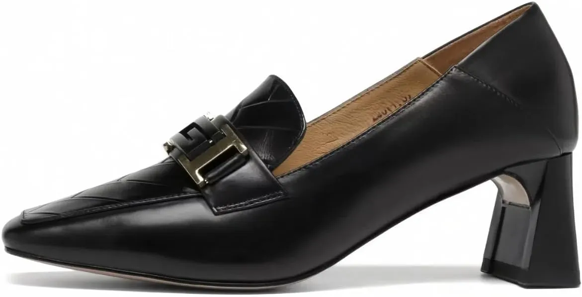 2025 New Women's Leather Loafers with Metal Buckles Commute Friendly Waterproof Chunky Block Heels Rounded Toe Shoes for Comfort and Elegance