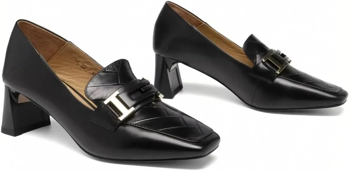 2025 New Women's Leather Loafers with Metal Buckles Commute Friendly Waterproof Chunky Block Heels Rounded Toe Shoes for Comfort and Elegance