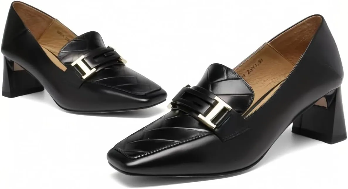 2025 New Women's Leather Loafers with Metal Buckles Commute Friendly Waterproof Chunky Block Heels Rounded Toe Shoes for Comfort and Elegance