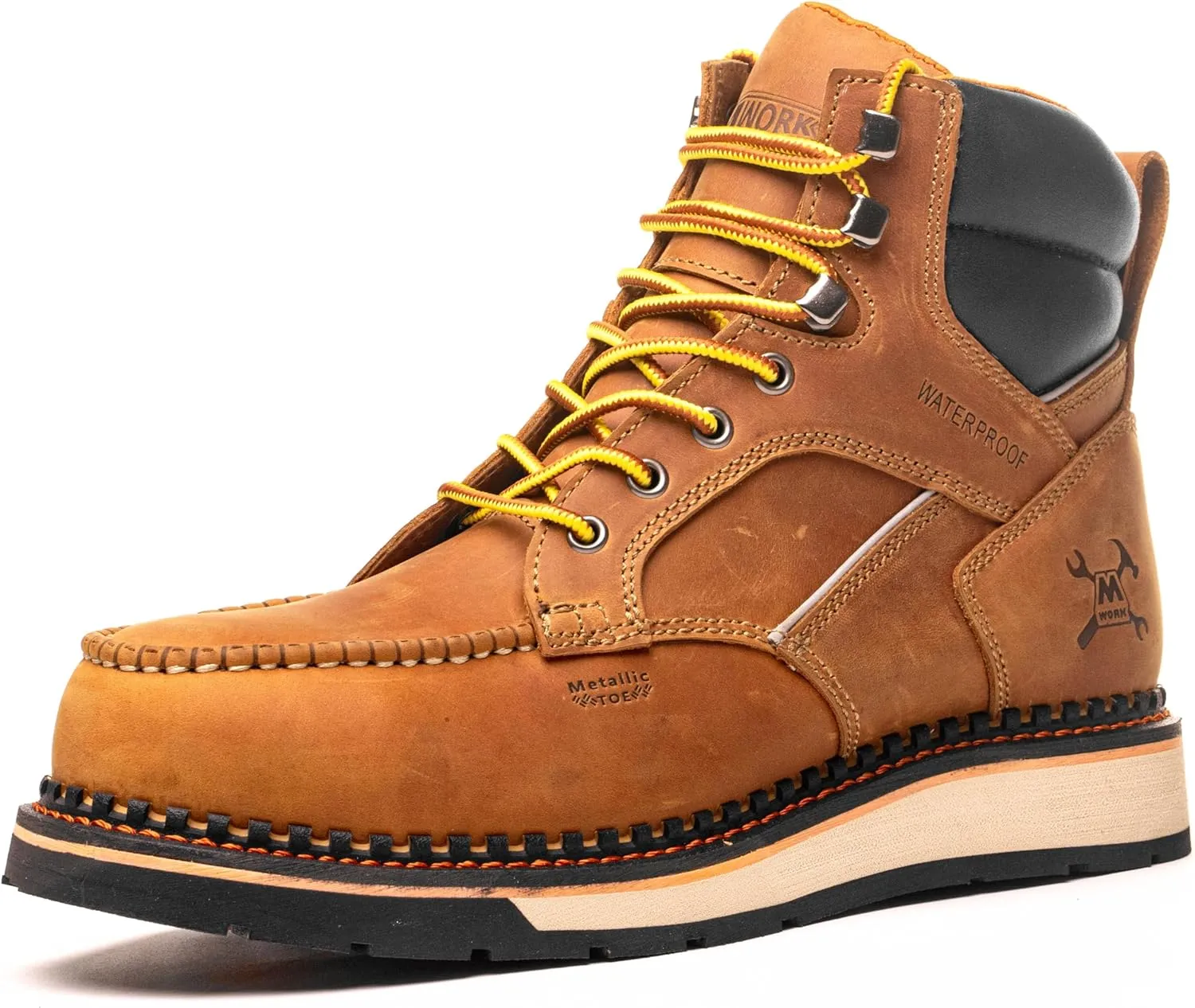 6" Moc Toe Work Boots For Men Wedge Sole Leather Waterproof ASTM F2413-18 Safety Metallic Toe EH Rated Arch Support Anti Fatigue