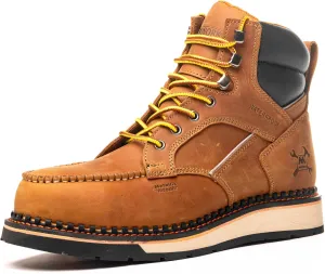 6" Moc Toe Work Boots For Men Wedge Sole Leather Waterproof ASTM F2413-18 Safety Metallic Toe EH Rated Arch Support Anti Fatigue