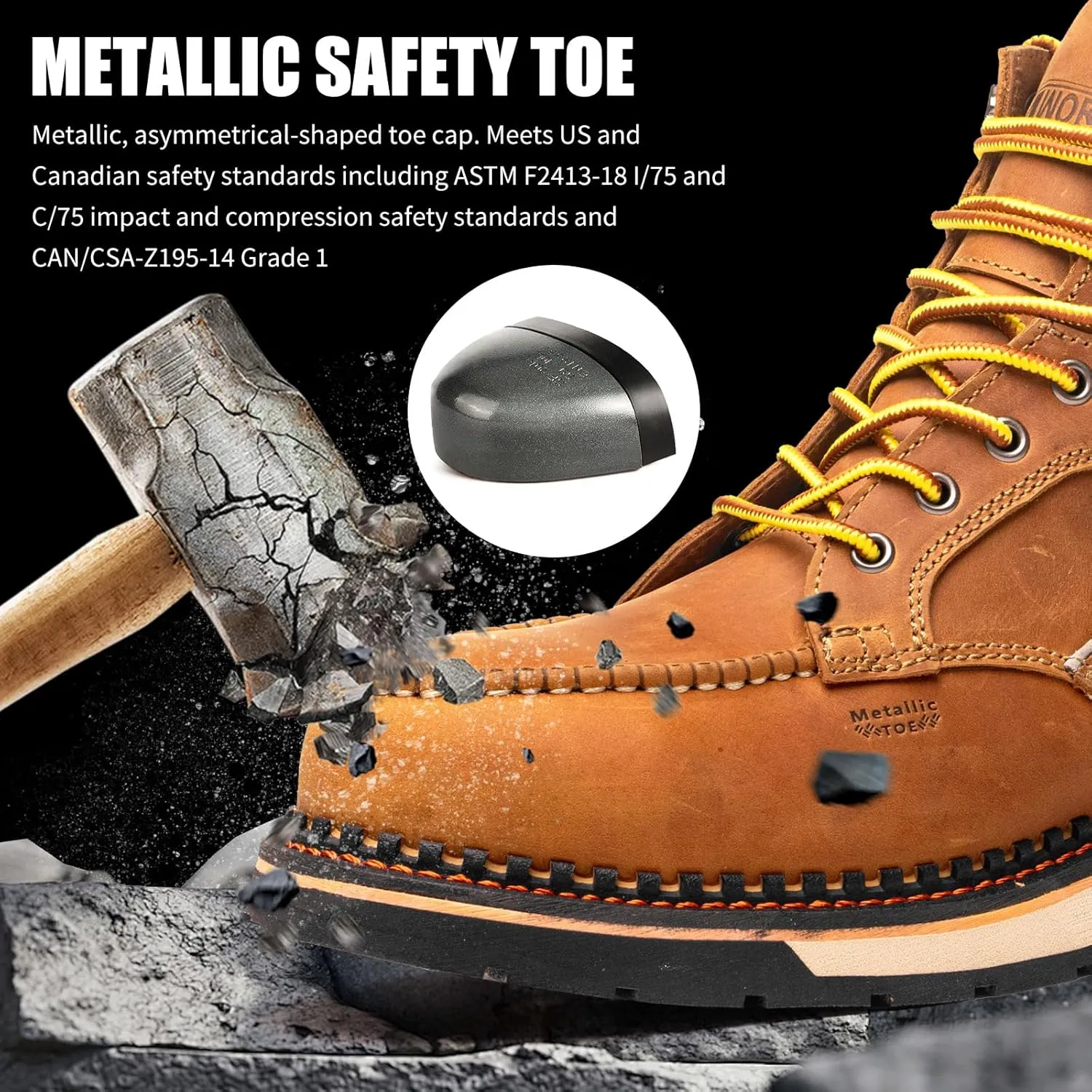 6" Moc Toe Work Boots For Men Wedge Sole Leather Waterproof ASTM F2413-18 Safety Metallic Toe EH Rated Arch Support Anti Fatigue