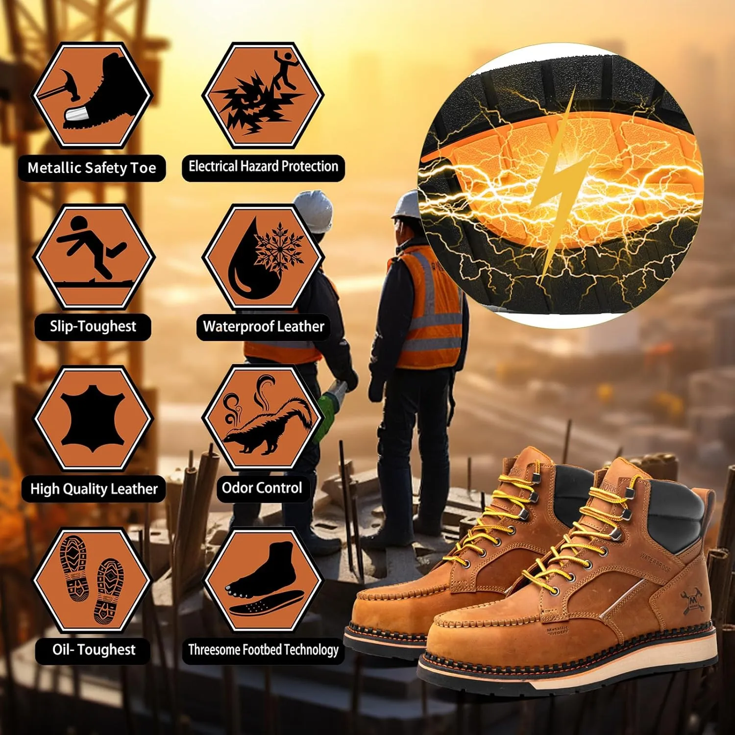 6" Moc Toe Work Boots For Men Wedge Sole Leather Waterproof ASTM F2413-18 Safety Metallic Toe EH Rated Arch Support Anti Fatigue