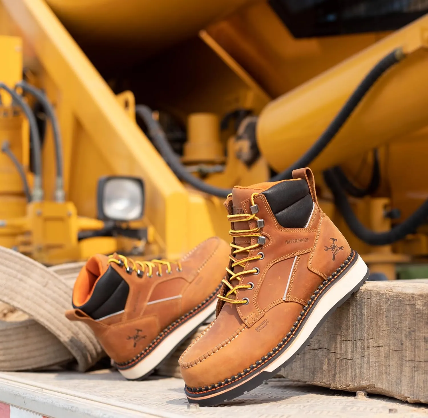 6" Moc Toe Work Boots For Men Wedge Sole Leather Waterproof ASTM F2413-18 Safety Metallic Toe EH Rated Arch Support Anti Fatigue
