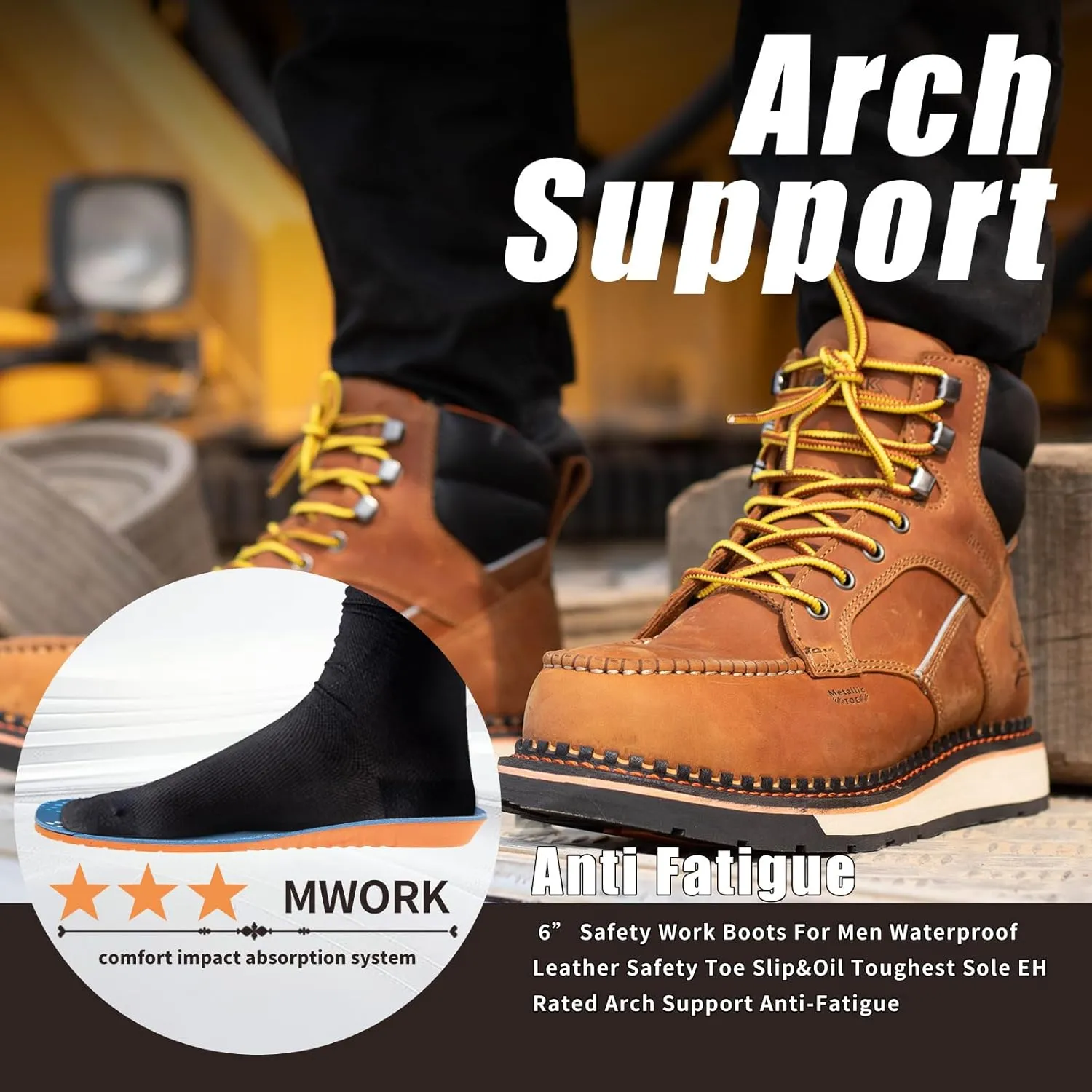 6" Moc Toe Work Boots For Men Wedge Sole Leather Waterproof ASTM F2413-18 Safety Metallic Toe EH Rated Arch Support Anti Fatigue