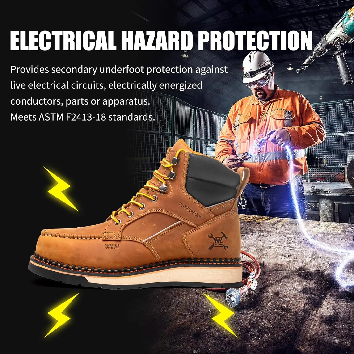 6" Moc Toe Work Boots For Men Wedge Sole Leather Waterproof ASTM F2413-18 Safety Metallic Toe EH Rated Arch Support Anti Fatigue