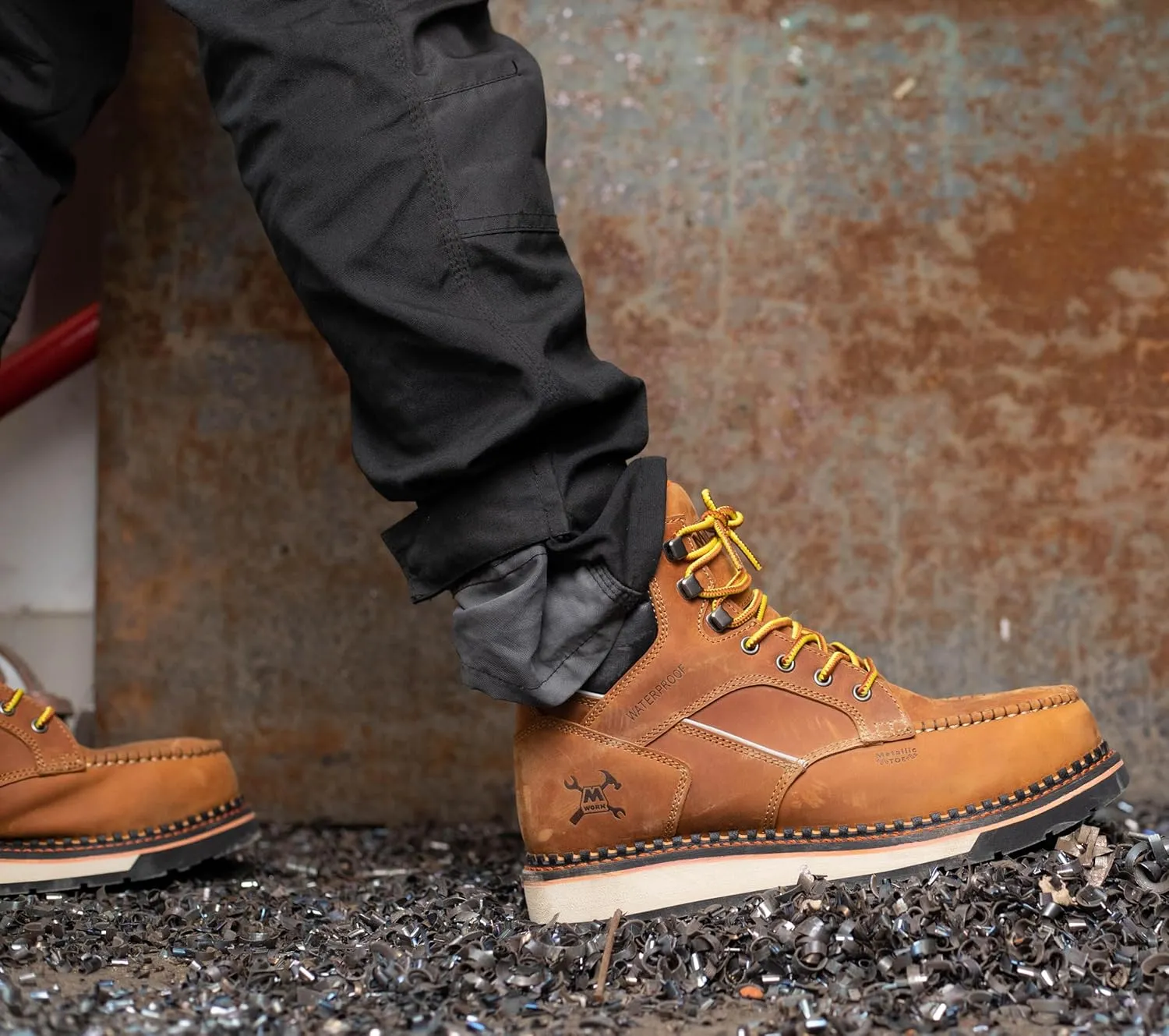 6" Moc Toe Work Boots For Men Wedge Sole Leather Waterproof ASTM F2413-18 Safety Metallic Toe EH Rated Arch Support Anti Fatigue