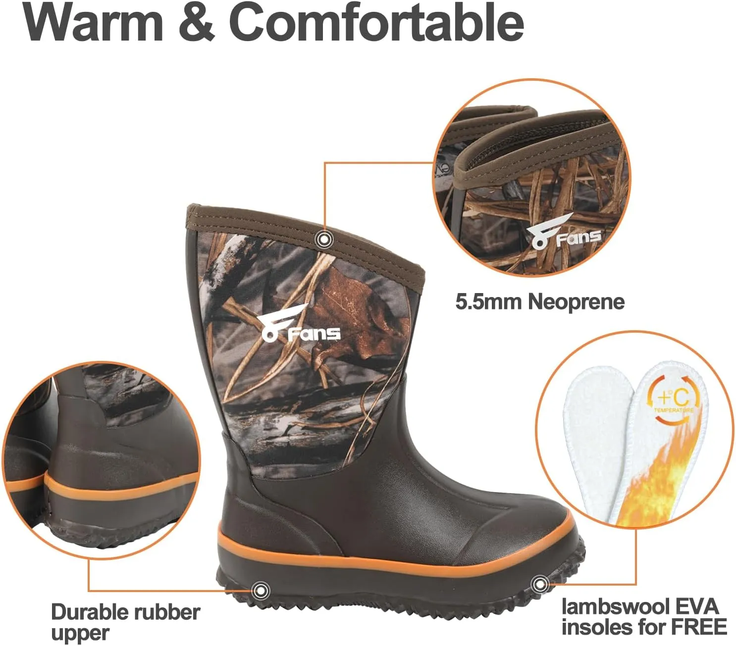 8 Fans Kids Neoprene Boots,Waterproof Neoprene Hunting & Fishing Camo Muck Mud Boots