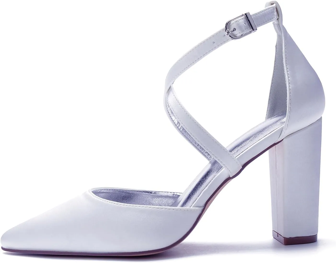 9CM Wedding Pointed Toe Bridal Shoes Buckle Cross Ankle Strap Sandals Block Heel Business Dressy Shoes Satin Pumps Strappy Adjustable Party