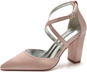 9CM Wedding Pointed Toe Bridal Shoes Buckle Cross Ankle Strap Sandals Block Heel Business Dressy Shoes Satin Pumps Strappy Adjustable Party