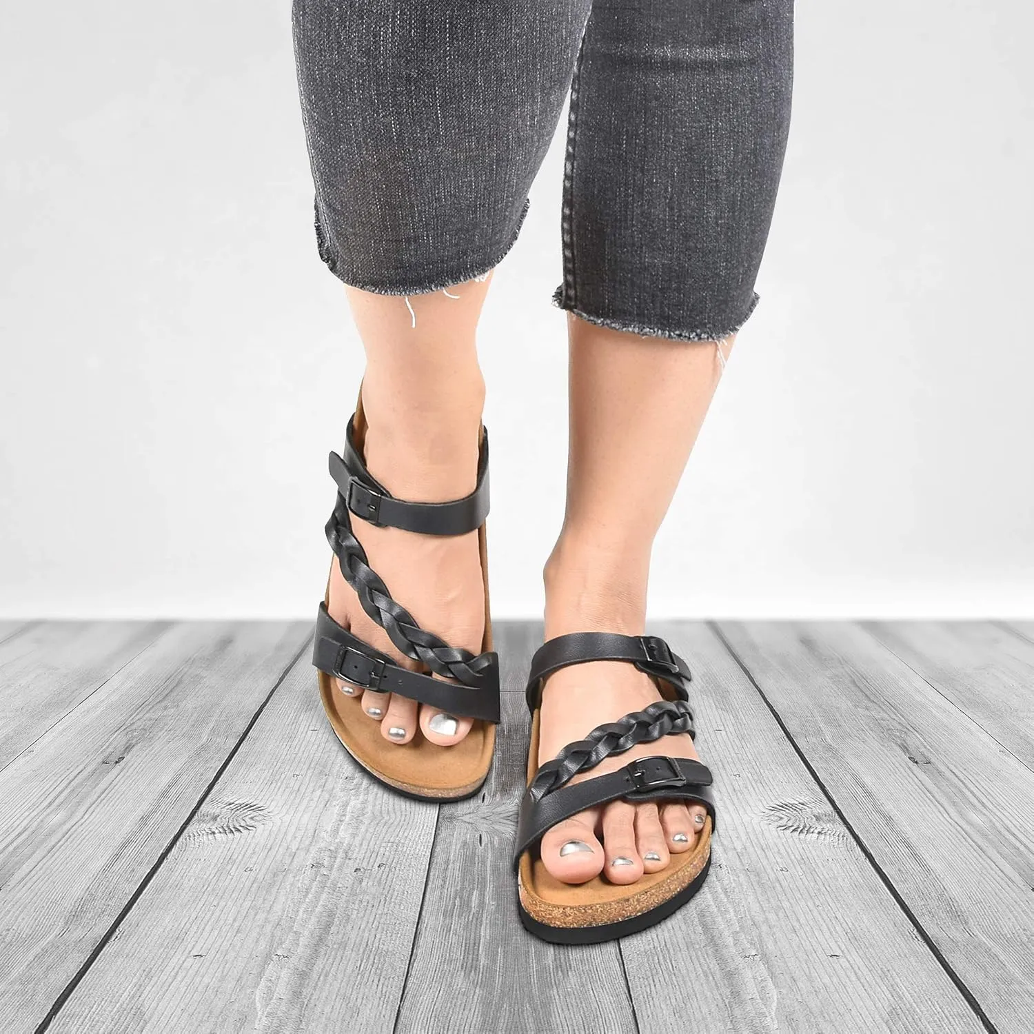 AEROTHOTIC Comfy Memory Foam Cork Sandals for Women Cute Dressy Adjustable Strappy Split Toe Slip On Vacation Essentials Women Footwear Open Toe Arch Support Slides