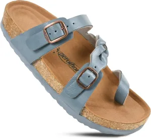 AEROTHOTIC Comfy Memory Foam Cork Sandals for Women Cute Dressy Adjustable Strappy Split Toe Slip On Vacation Essentials Women Footwear Open Toe Arch Support Slides