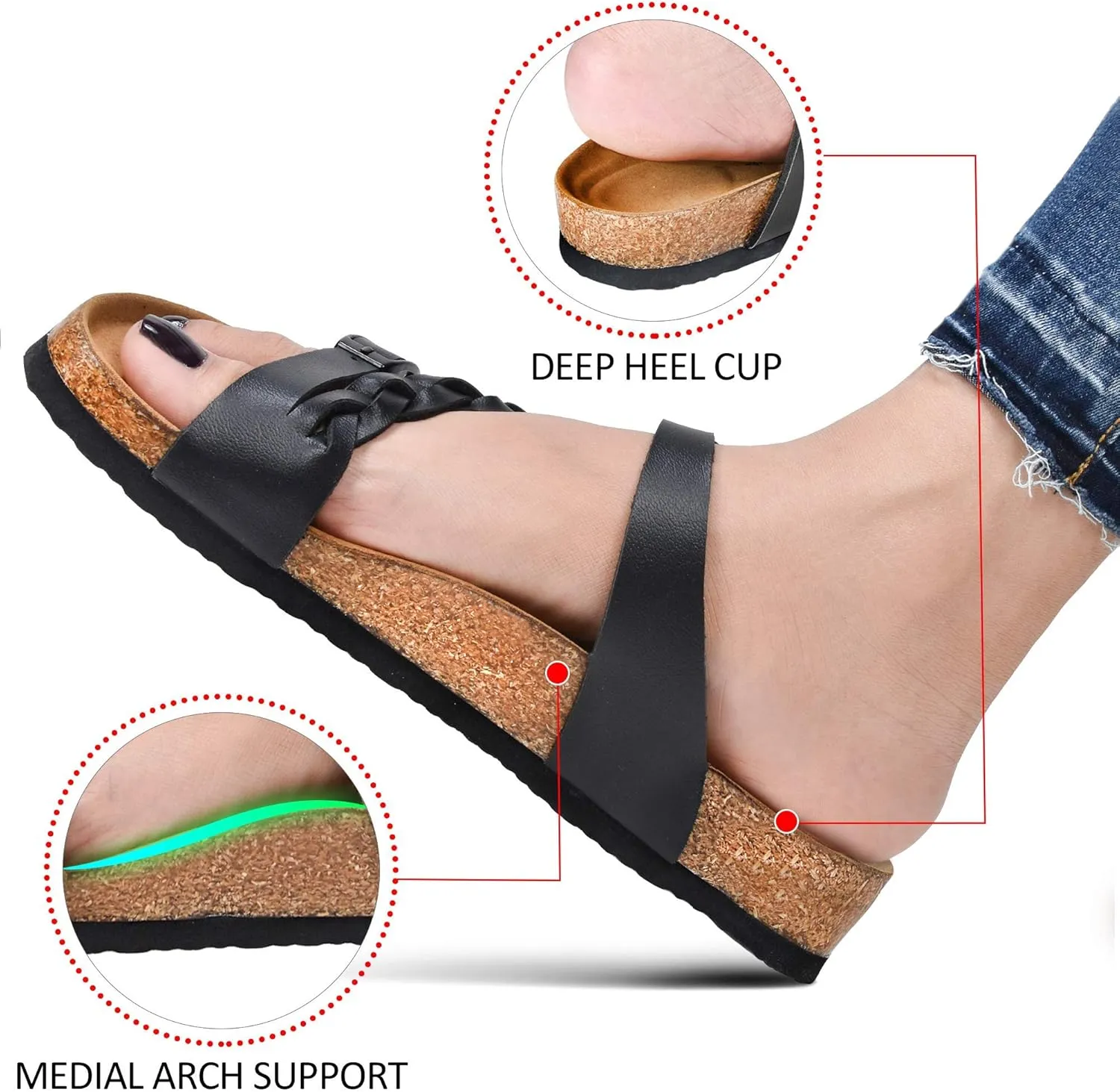 AEROTHOTIC Comfy Memory Foam Cork Sandals for Women Cute Dressy Adjustable Strappy Split Toe Slip On Vacation Essentials Women Footwear Open Toe Arch Support Slides
