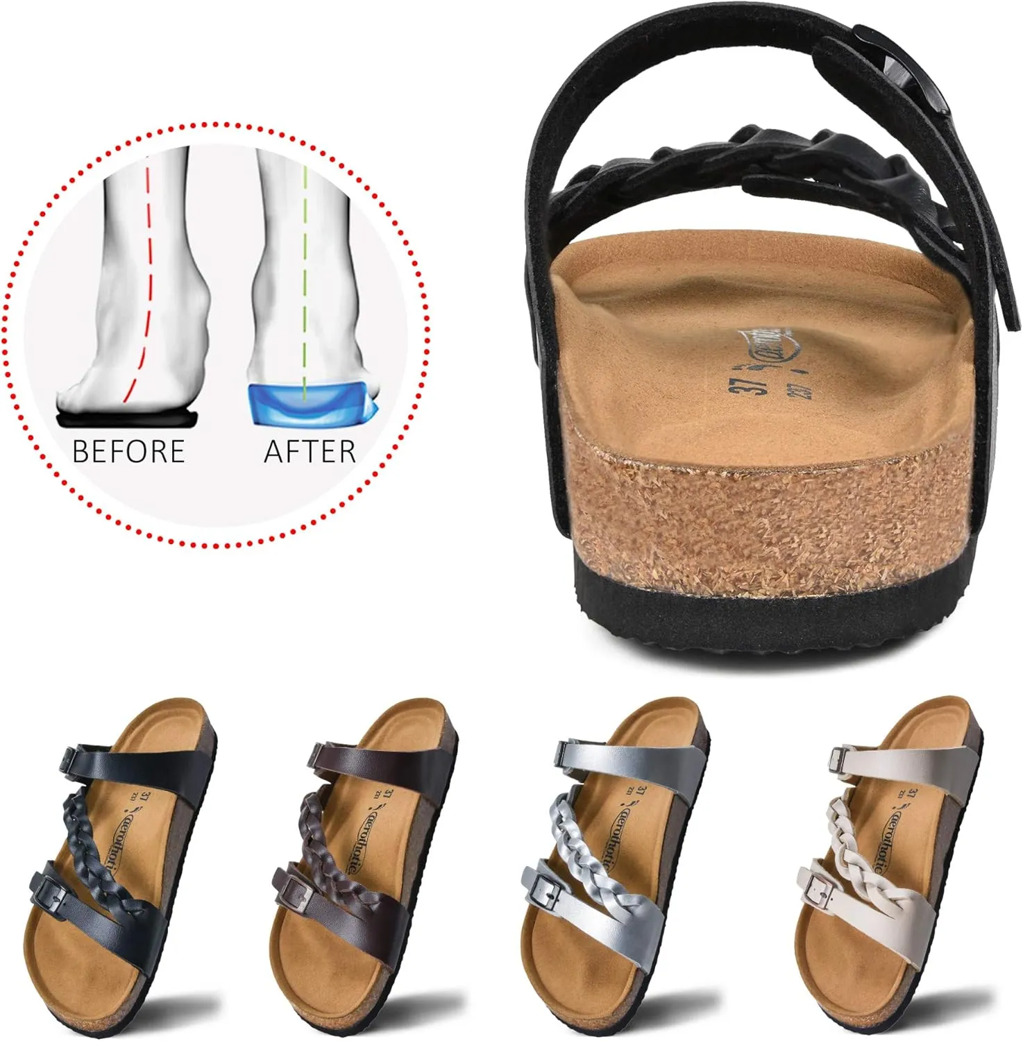 AEROTHOTIC Comfy Memory Foam Cork Sandals for Women Cute Dressy Adjustable Strappy Split Toe Slip On Vacation Essentials Women Footwear Open Toe Arch Support Slides