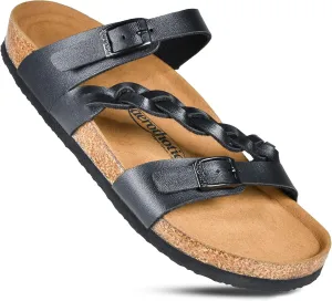 AEROTHOTIC Comfy Memory Foam Cork Sandals for Women Cute Dressy Adjustable Strappy Split Toe Slip On Vacation Essentials Women Footwear Open Toe Arch Support Slides