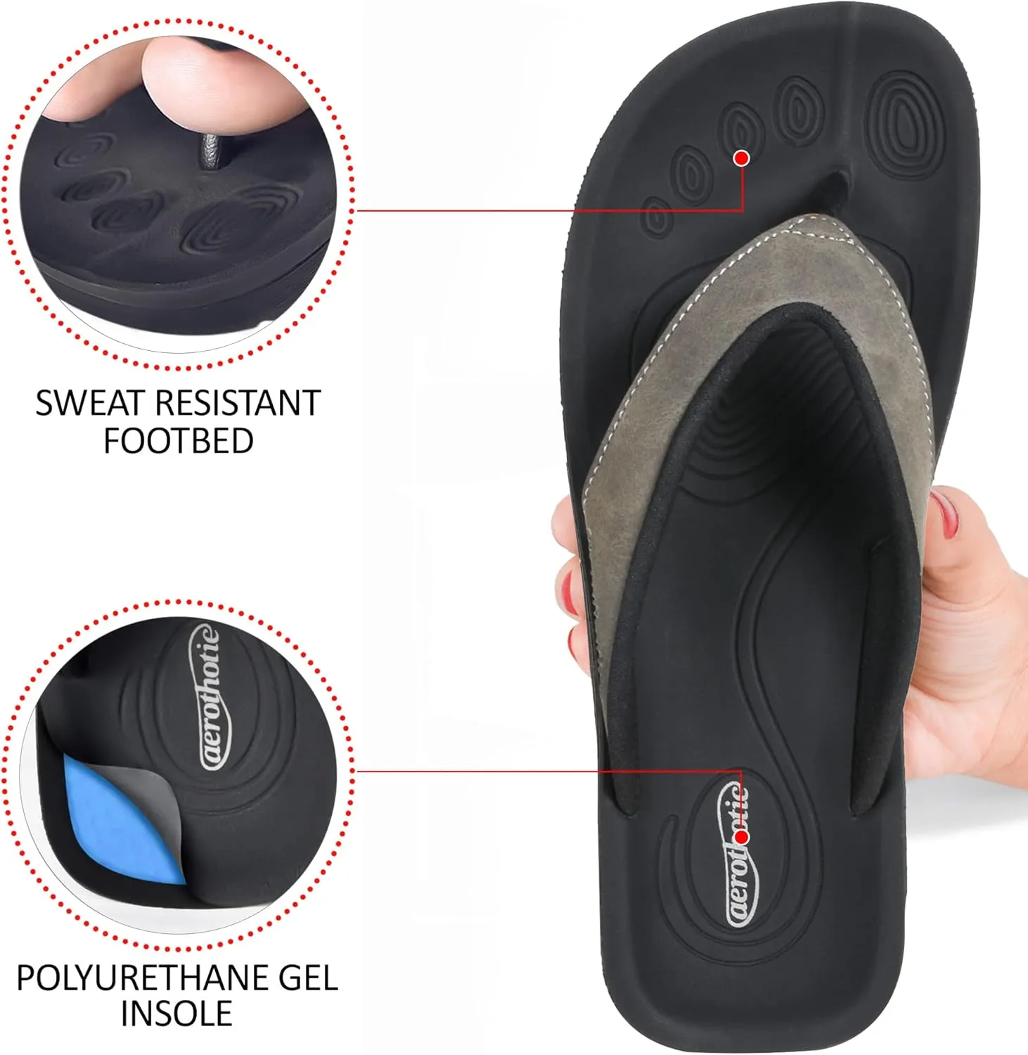 AEROTHOTIC Comfy Open Toe Arch Support Flip Flops for Women Cushion Padded Stylish Straps Dressy Sandals Walking Travel Beach Wear