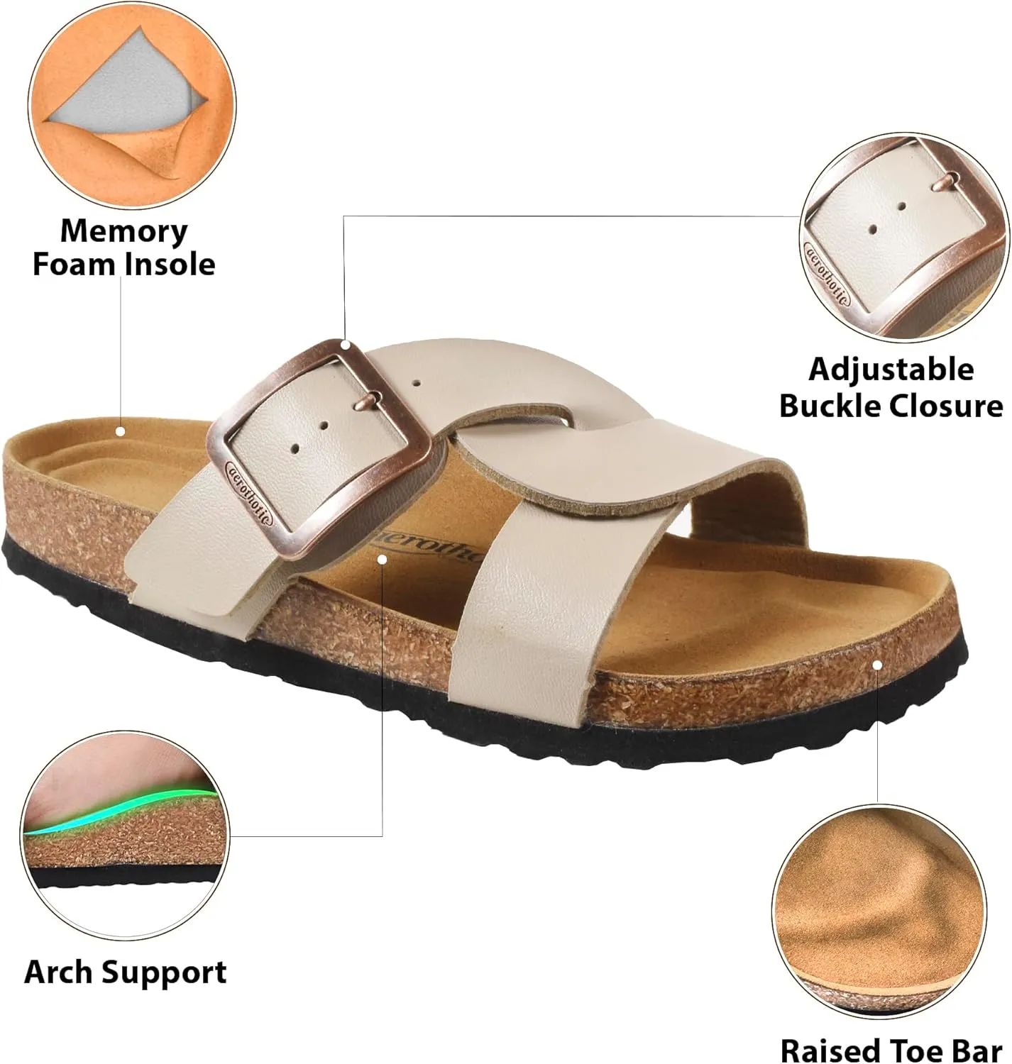 AEROTHOTIC Cork Recovery Slides for Women with Plantar Fasciitis Relief Comfortable Suede Footbed with Adjustable Buckle Cross Strappy Slip on Casual Travel Walking Beach Ladies Sandals