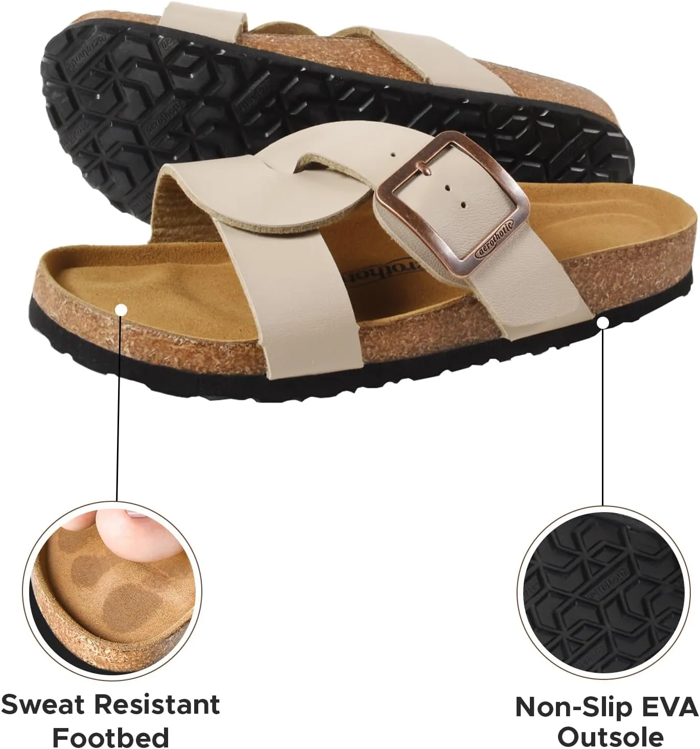 AEROTHOTIC Cork Recovery Slides for Women with Plantar Fasciitis Relief Comfortable Suede Footbed with Adjustable Buckle Cross Strappy Slip on Casual Travel Walking Beach Ladies Sandals