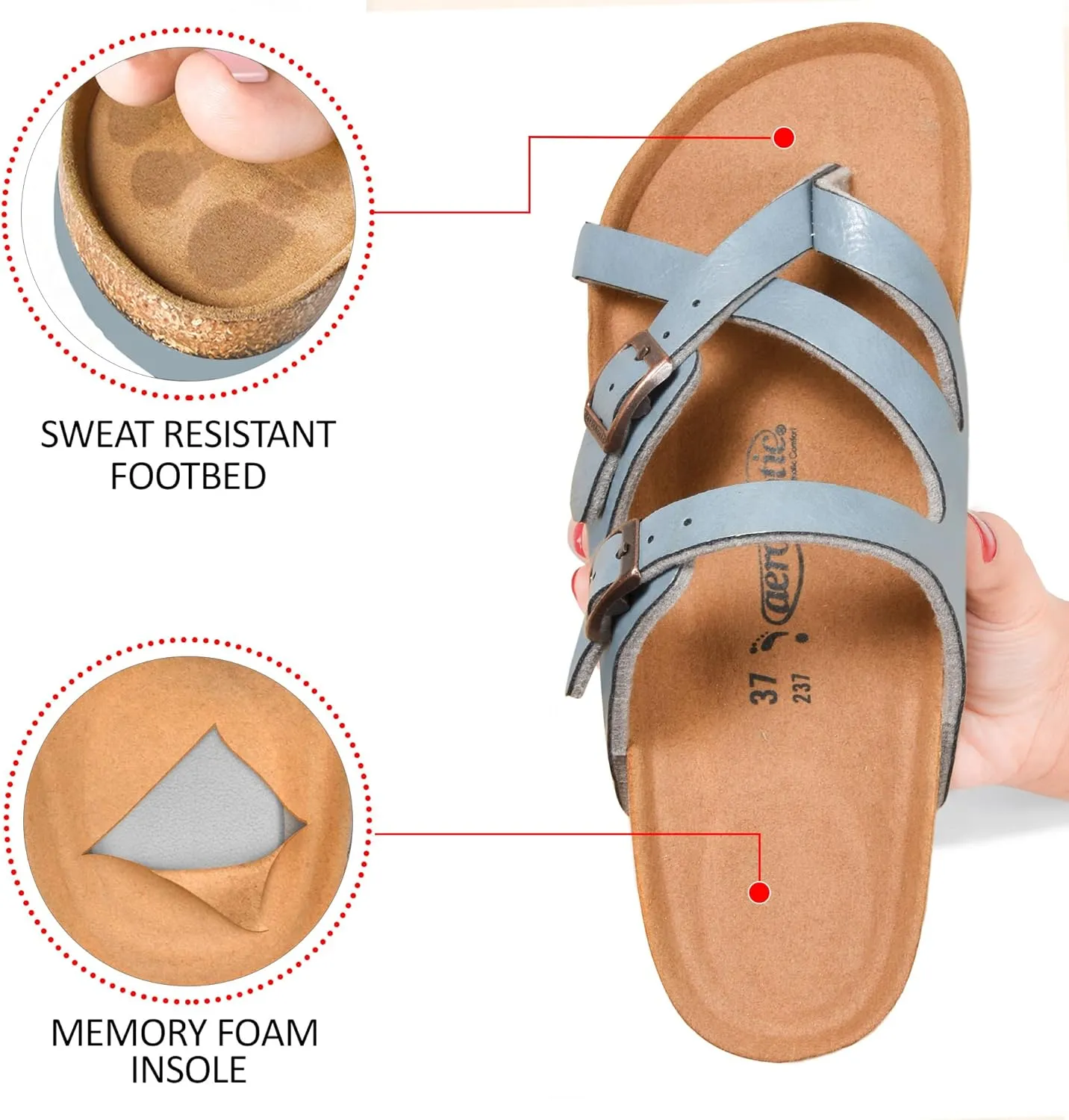 AEROTHOTIC Womens Strappy Slip-On Modern Memory Foam Cushion Footbed Outdoor Adjustable Buckle Cork Footbed Slides for Sandals with Comfortable Arch Support