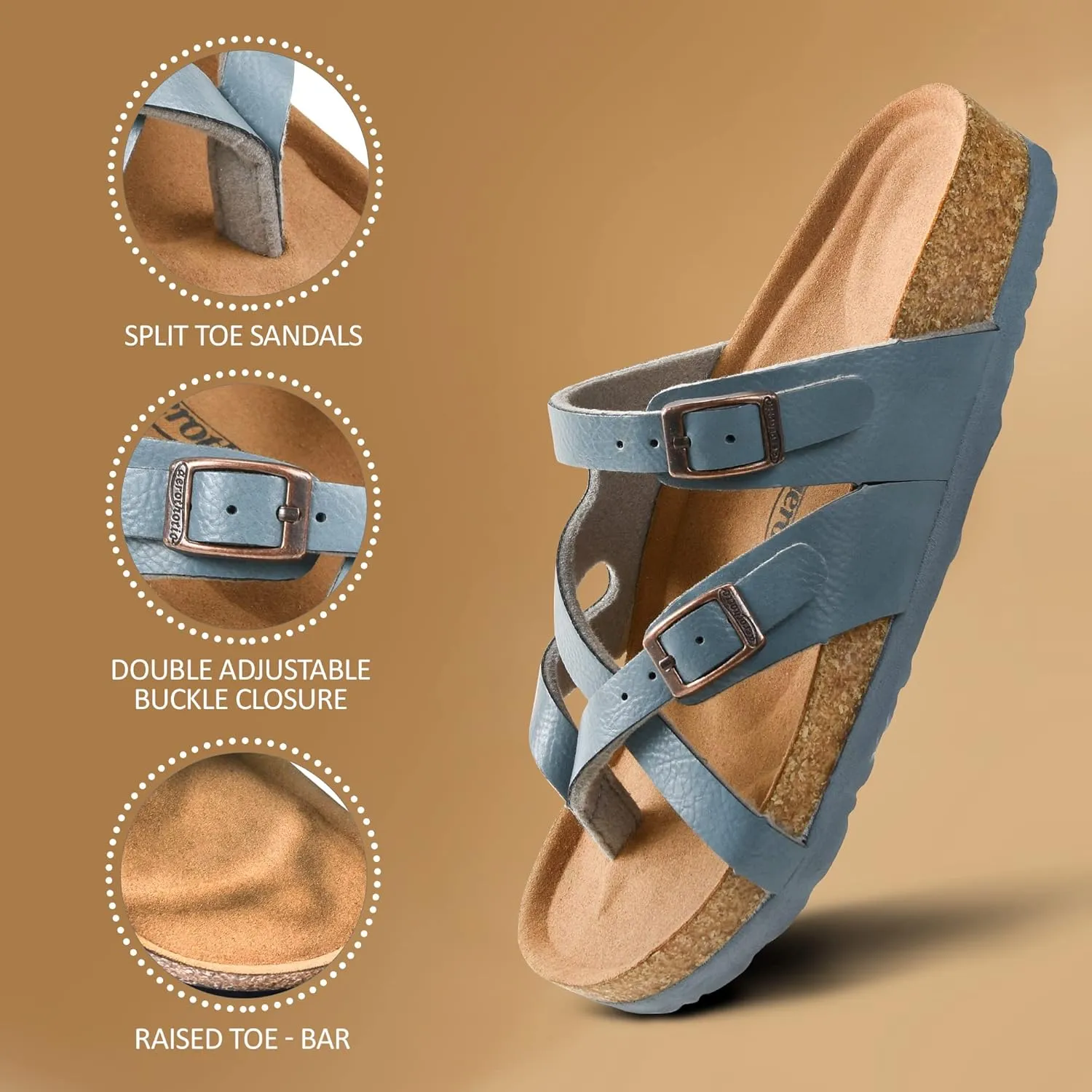 AEROTHOTIC Womens Strappy Slip-On Modern Memory Foam Cushion Footbed Outdoor Adjustable Buckle Cork Footbed Slides for Sandals with Comfortable Arch Support