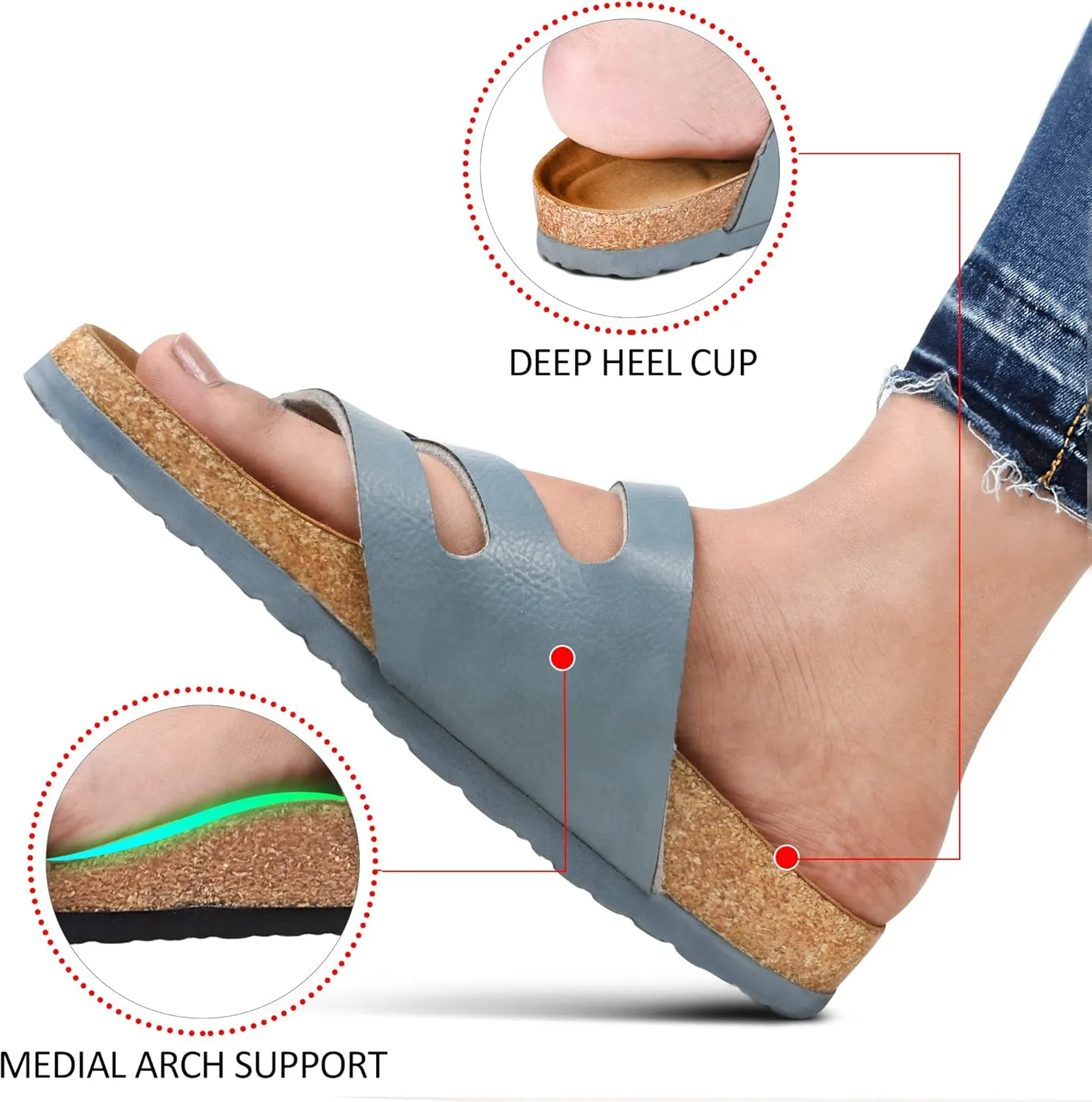 AEROTHOTIC Womens Strappy Slip-On Modern Memory Foam Cushion Footbed Outdoor Adjustable Buckle Cork Footbed Slides for Sandals with Comfortable Arch Support