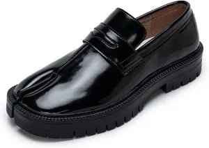 Agodor Women Split Toe Tabi Shoes Mary Janes Platform Patent Chunky Heeled Loafers Lace Up Uniform Dress Shoes