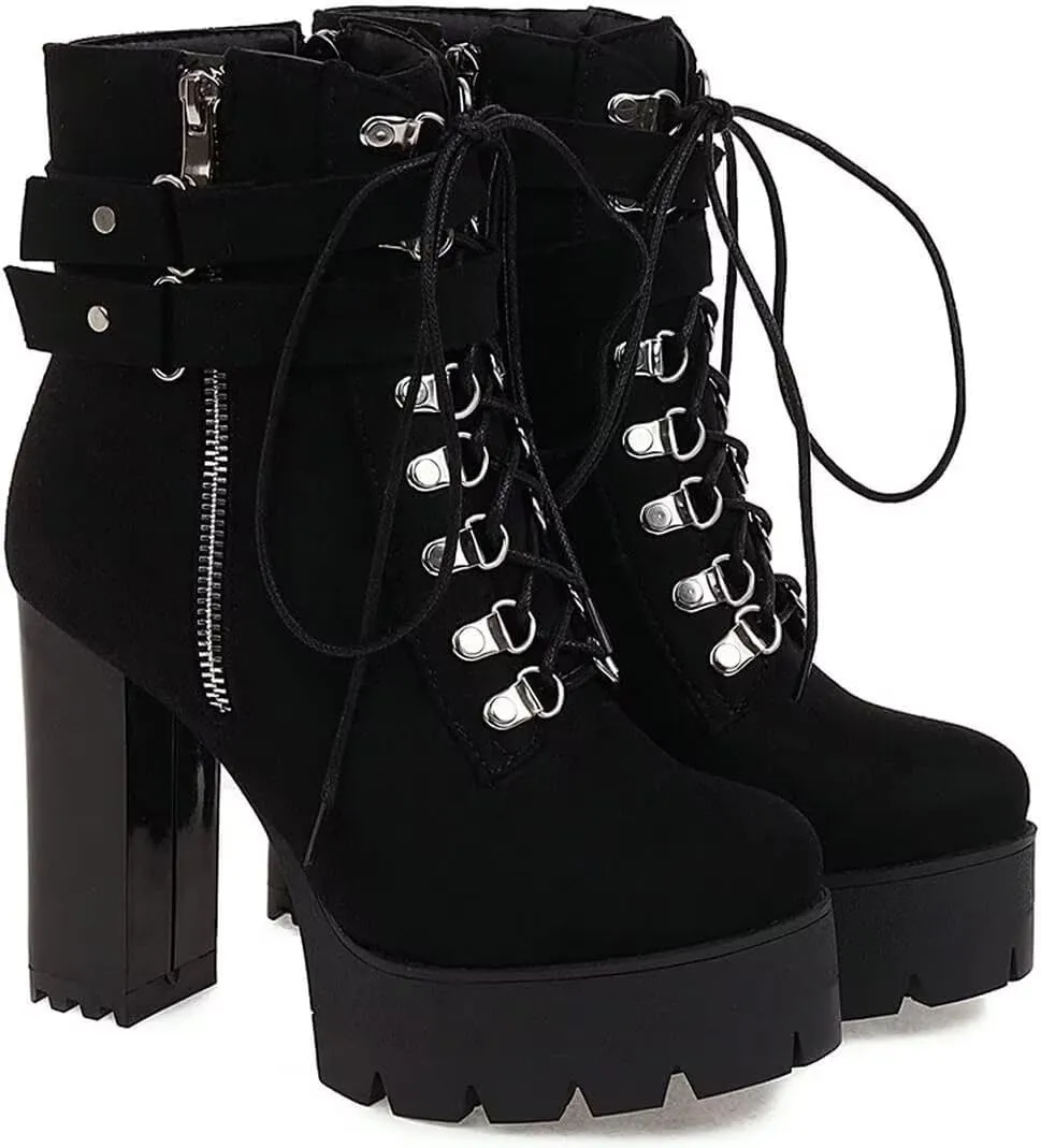 Agodor Women's Goth Platform Combat Booties Lace up Round Toe Chunky High Heel Gothic Ankle Boots