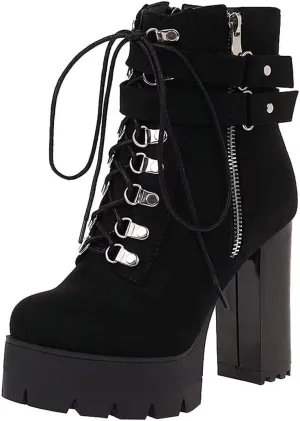 Agodor Women's Goth Platform Combat Booties Lace up Round Toe Chunky High Heel Gothic Ankle Boots