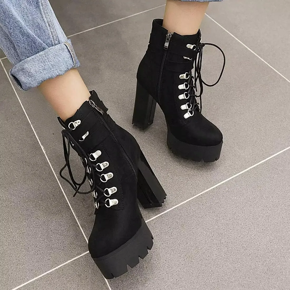 Agodor Women's Goth Platform Combat Booties Lace up Round Toe Chunky High Heel Gothic Ankle Boots