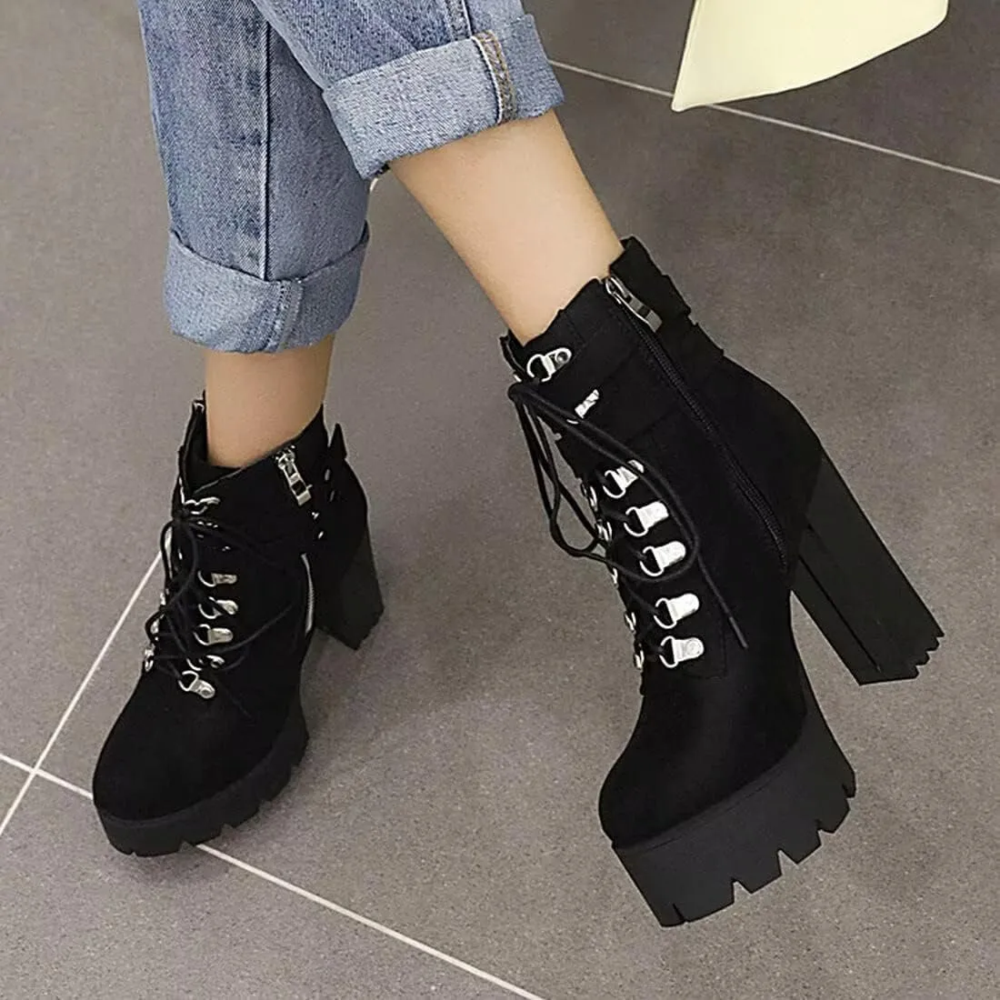 Agodor Women's Goth Platform Combat Booties Lace up Round Toe Chunky High Heel Gothic Ankle Boots
