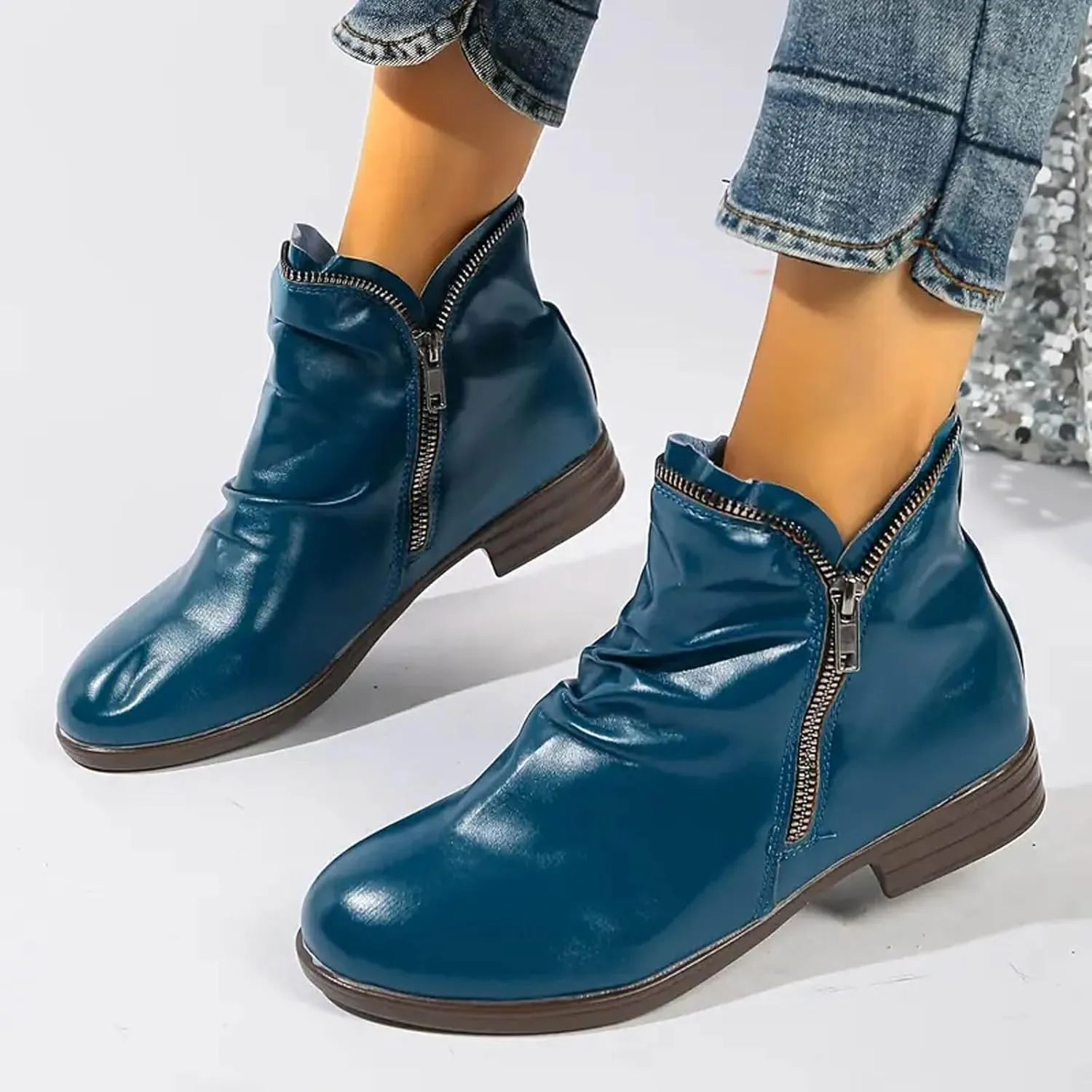 Ankle Boots for Women 2024 Women's Chunky Low Heel Short Boots Classic Round Toe Side Zipper Booties Vintage Leather Booties Flats Casual Walking Fall Winter Shoes