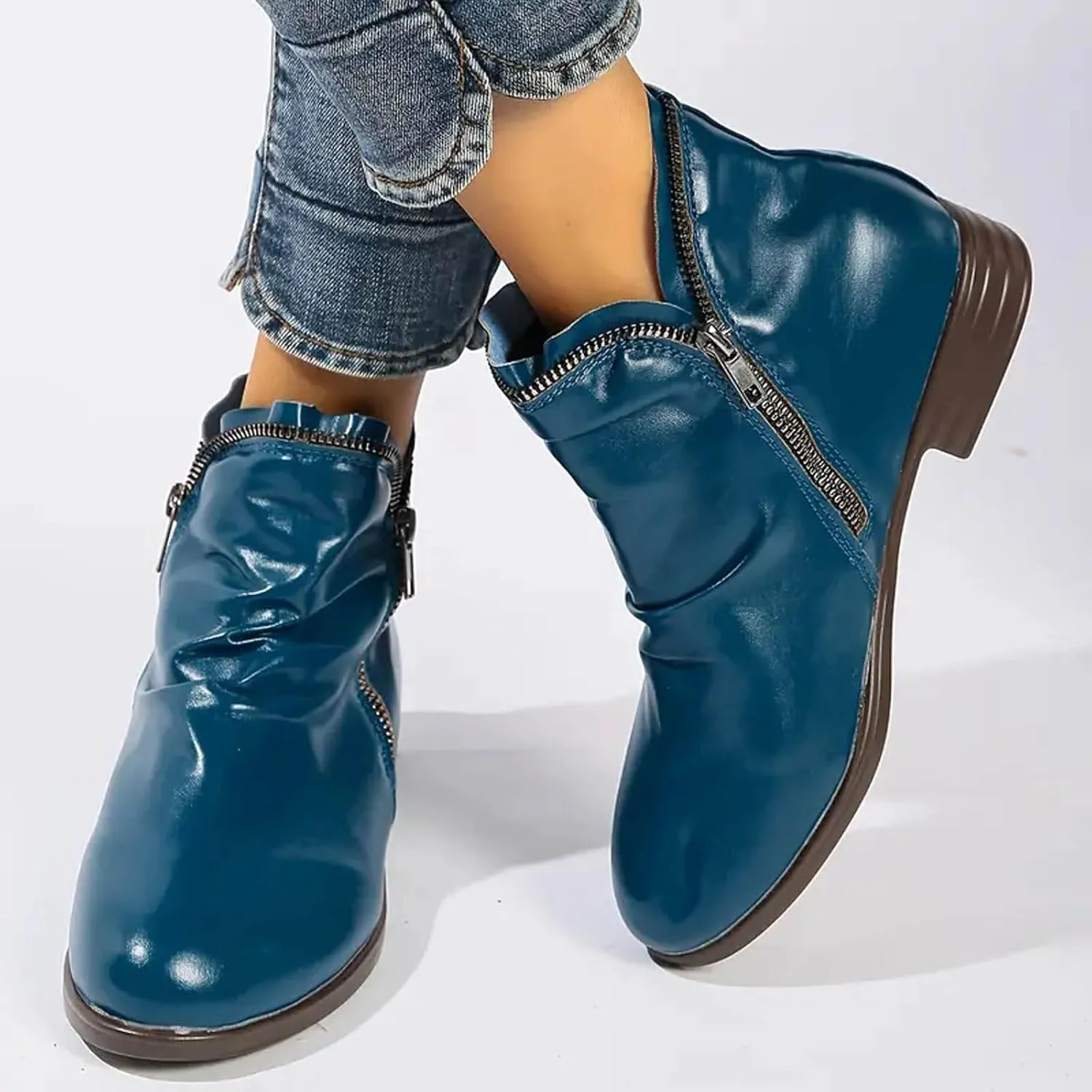 Ankle Boots for Women 2024 Women's Chunky Low Heel Short Boots Classic Round Toe Side Zipper Booties Vintage Leather Booties Flats Casual Walking Fall Winter Shoes