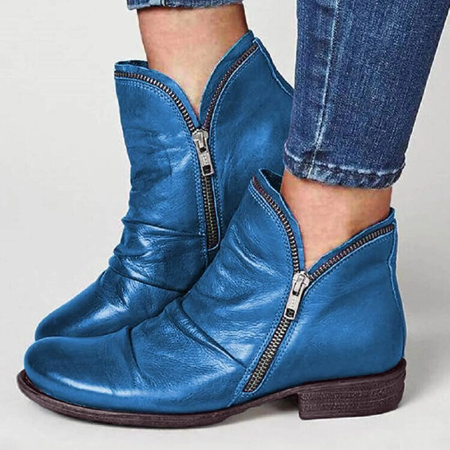 Ankle Boots for Women 2024 Women's Chunky Low Heel Short Boots Classic Round Toe Side Zipper Booties Vintage Leather Booties Flats Casual Walking Fall Winter Shoes