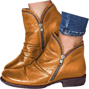 Ankle Boots for Women 2024 Women's Chunky Low Heel Short Boots Classic Round Toe Side Zipper Booties Vintage Leather Booties Flats Casual Walking Fall Winter Shoes