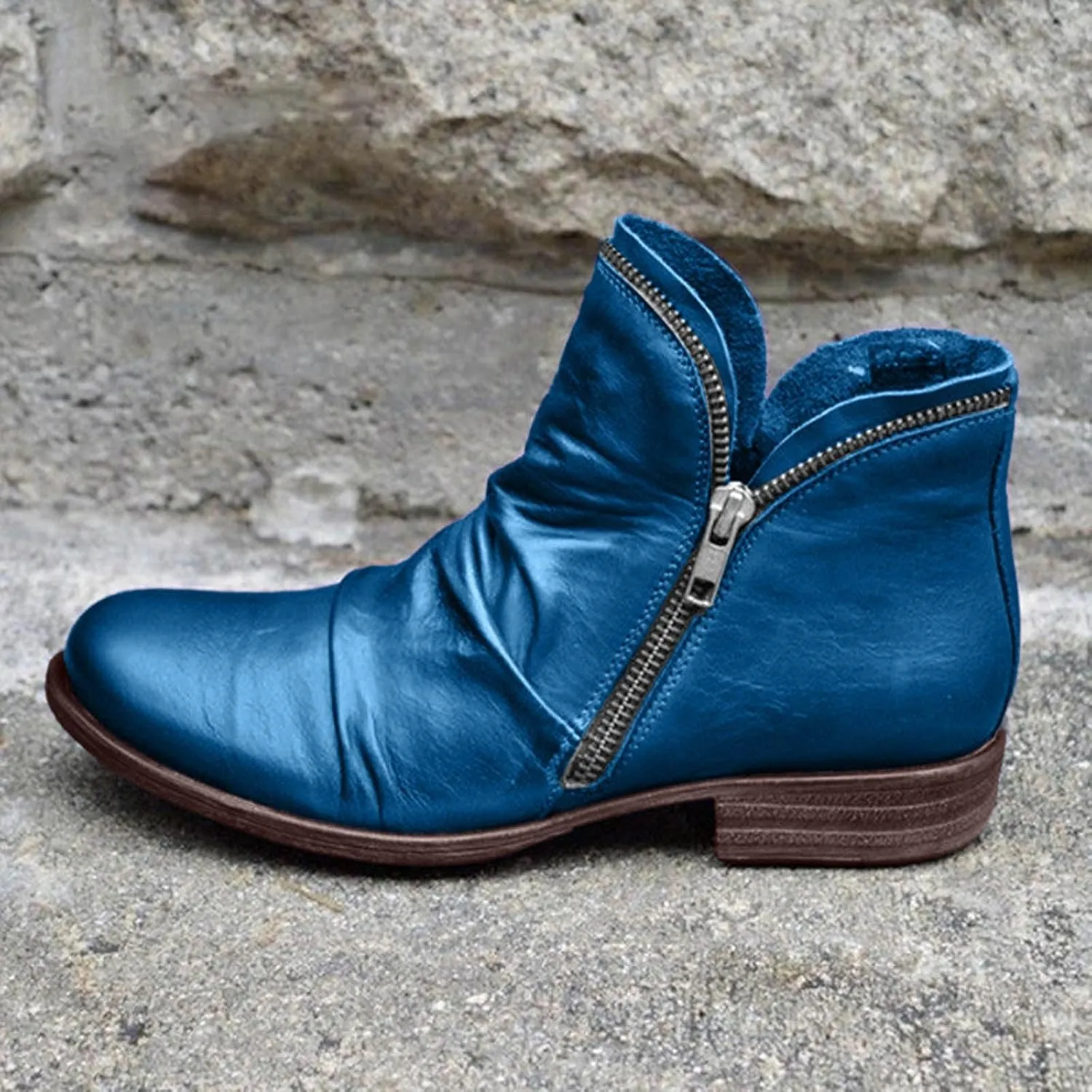 Ankle Boots for Women 2024 Women's Chunky Low Heel Short Boots Classic Round Toe Side Zipper Booties Vintage Leather Booties Flats Casual Walking Fall Winter Shoes