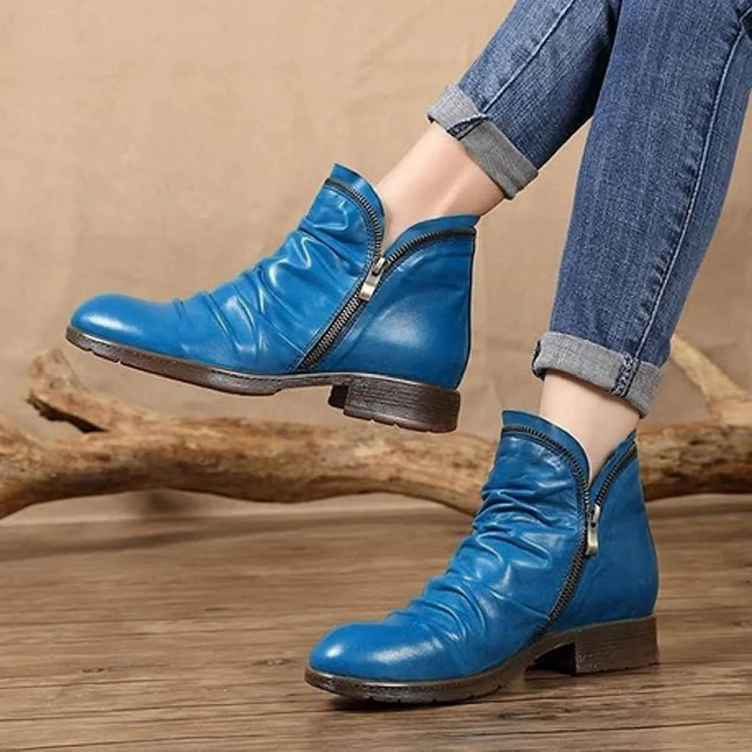 Ankle Boots for Women 2024 Women's Chunky Low Heel Short Boots Classic Round Toe Side Zipper Booties Vintage Leather Booties Flats Casual Walking Fall Winter Shoes