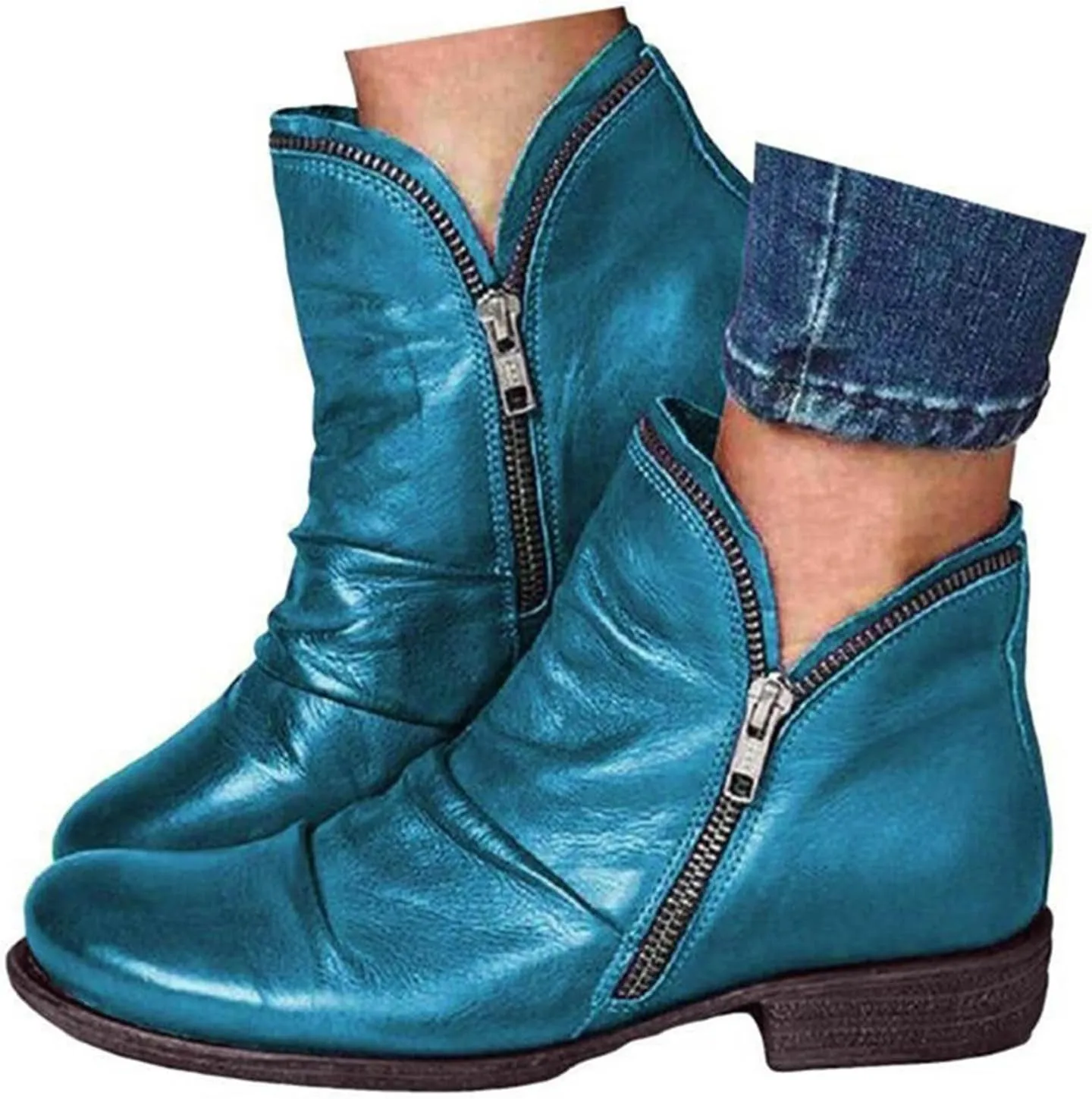 Ankle Boots for Women 2024 Women's Chunky Low Heel Short Boots Classic Round Toe Side Zipper Booties Vintage Leather Booties Flats Casual Walking Fall Winter Shoes