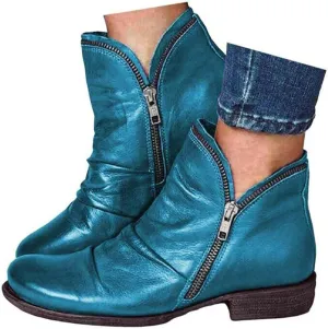 Ankle Boots for Women 2024 Women's Chunky Low Heel Short Boots Classic Round Toe Side Zipper Booties Vintage Leather Booties Flats Casual Walking Fall Winter Shoes