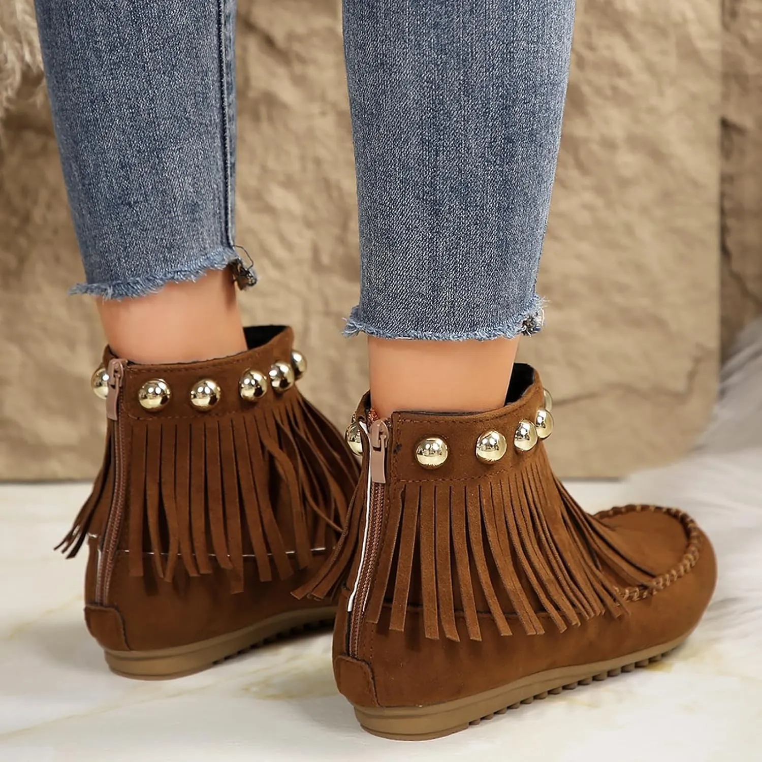Ankle Boots for Women Low Heel Moccasins Fringe Retro Suede Leather Tassel Studded Moccasins Comfy Non Slip Shoes