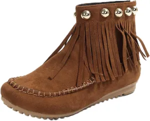 Ankle Boots for Women Low Heel Moccasins Fringe Retro Suede Leather Tassel Studded Moccasins Comfy Non Slip Shoes