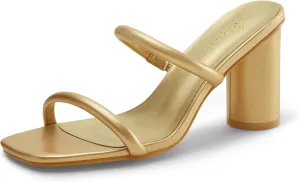 Arromic Women's Heeled Sandals Square Toe Two Strap Block Heels for Women Comfortable Strappy Heels Slip on Heeled Sandals for Women Dressy