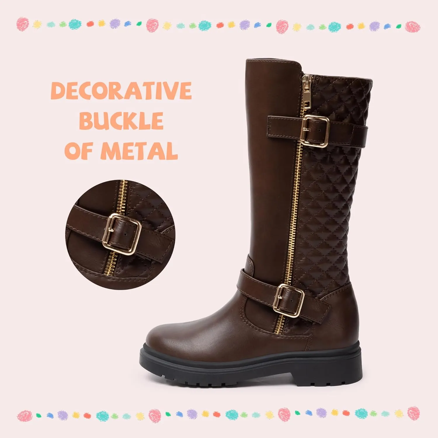 Athlefit Girls Riding Boots Fashion Buckle Side Zipper Knee High Boots for Toddler/Little Kid/Big Kid